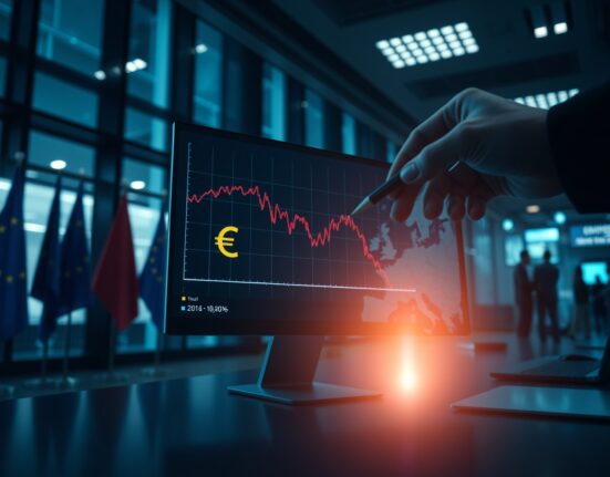 Financial data screen showing a downward trend for the Euro currency.