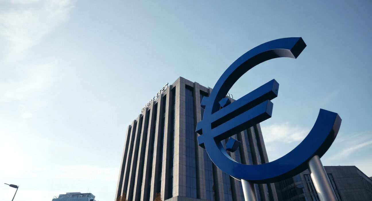 Euro currency symbol near European Central Bank headquarters in Frankfurt