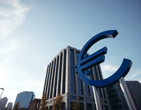 Euro currency symbol near European Central Bank headquarters in Frankfurt
