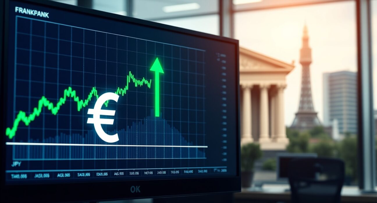 EUR/JPY candlestick chart rising with euro symbol and blurred central bank buildings in background