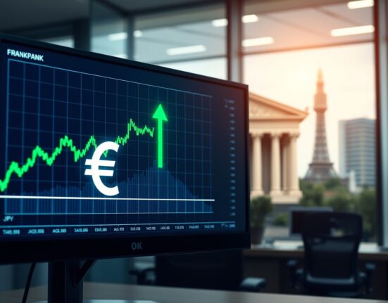 EUR/JPY candlestick chart rising with euro symbol and blurred central bank buildings in background