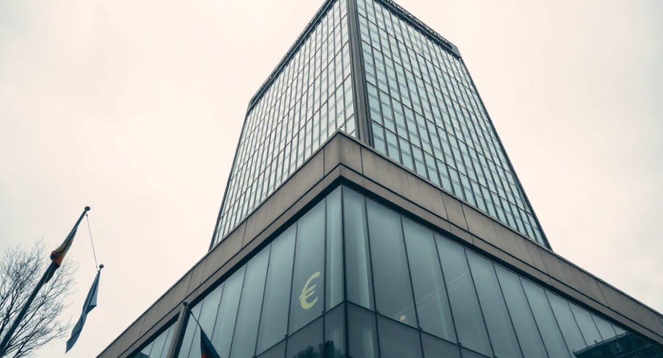 European Central Bank headquarters in Frankfurt with overcast sky, symbolizing euro monetary policy uncertainty.