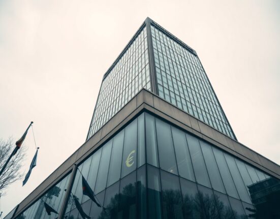 European Central Bank headquarters in Frankfurt with overcast sky, symbolizing euro monetary policy uncertainty.
