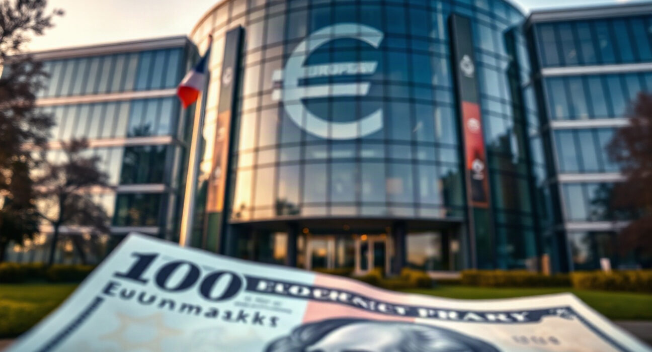 Euro symbol reflected on ECB building with US dollar banknote in foreground
