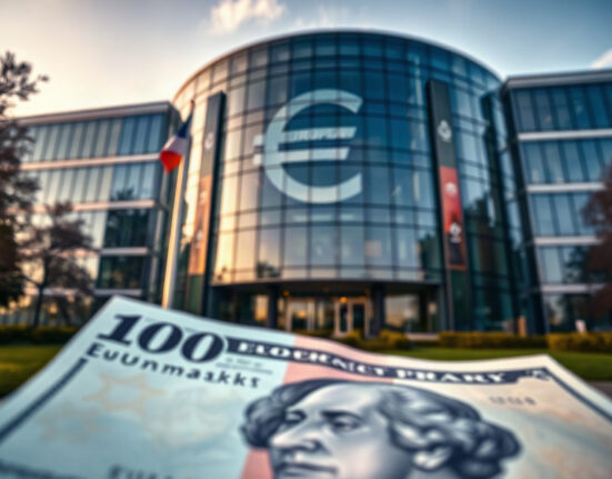 Euro symbol reflected on ECB building with US dollar banknote in foreground