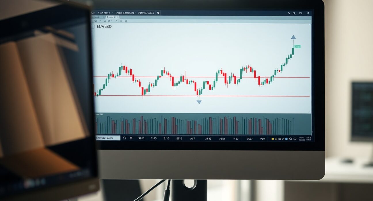 EUR/USD forex chart showing consolidation below weekly highs on a trading monitor in a professional office setting.