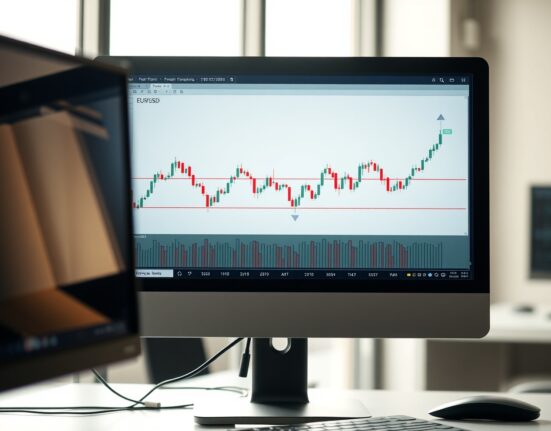 EUR/USD forex chart showing consolidation below weekly highs on a trading monitor in a professional office setting.
