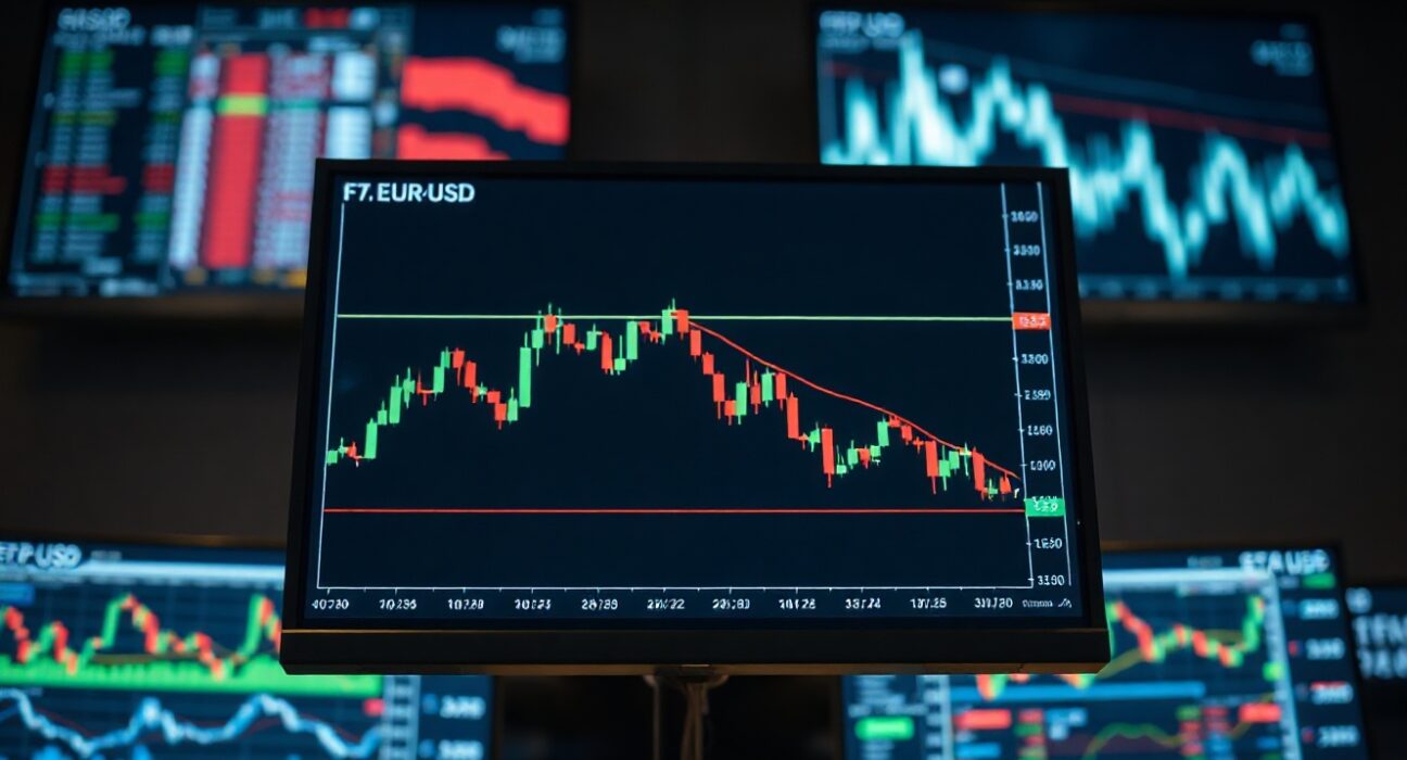 EUR/USD trading chart on a screen in a dimly lit trading floor