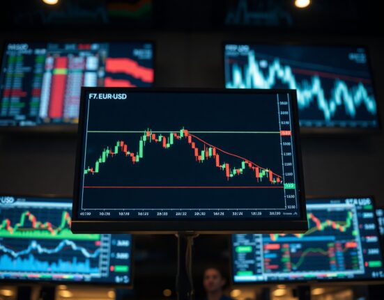EUR/USD trading chart on a screen in a dimly lit trading floor