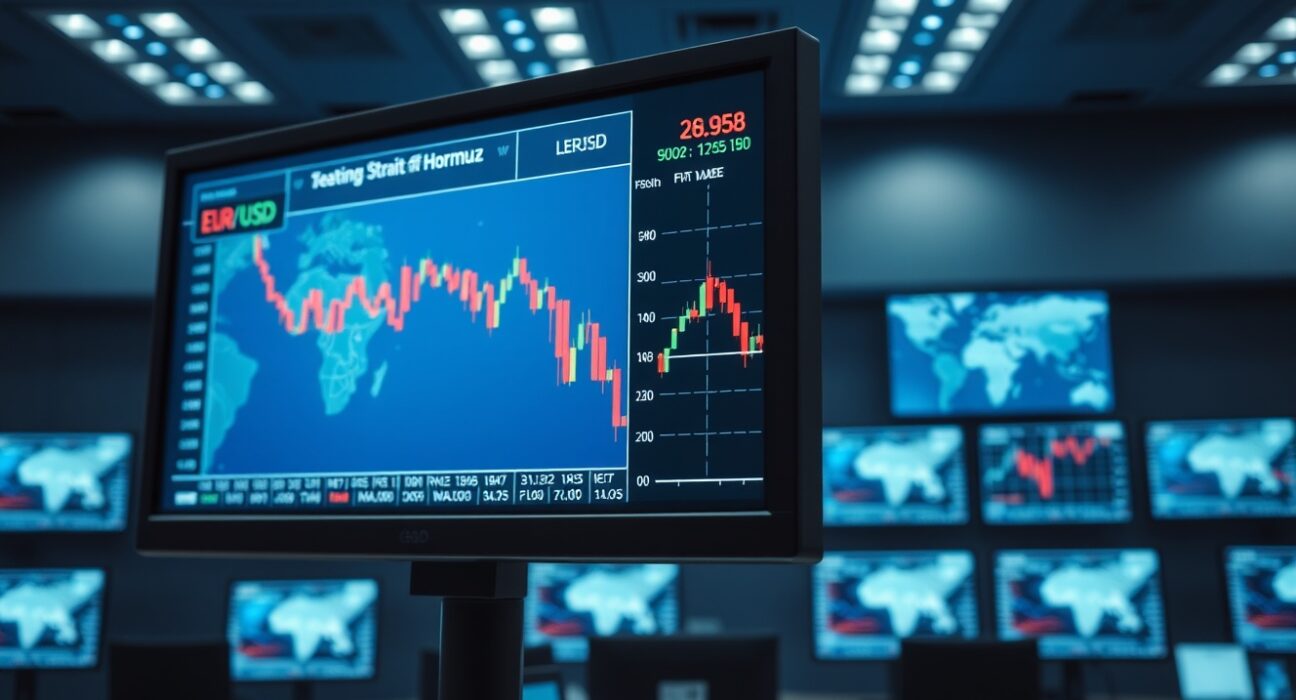 EUR/USD trading screen with geopolitical tensions map in background