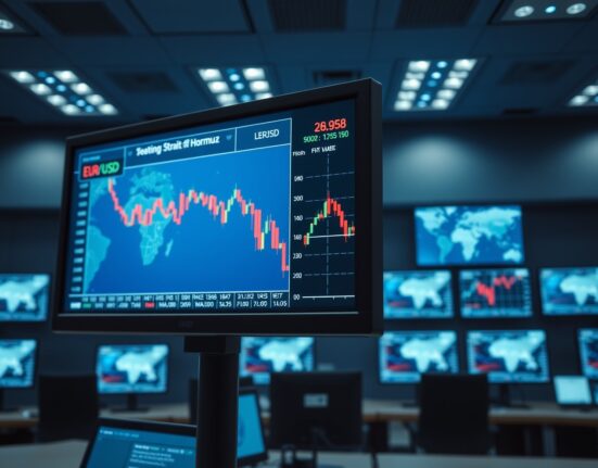 EUR/USD trading screen with geopolitical tensions map in background