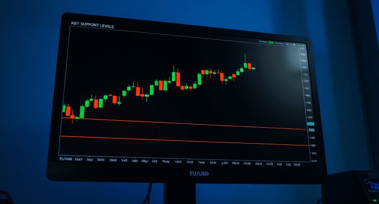 EUR/USD candlestick chart on a trading monitor with support levels highlighted.