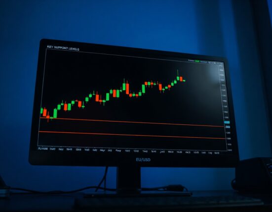 EUR/USD candlestick chart on a trading monitor with support levels highlighted.