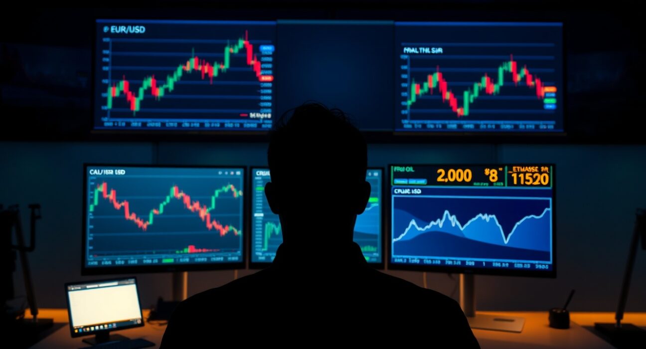 Trading desk monitors showing EUR/USD chart and oil price ticker in dimly lit financial trading floor