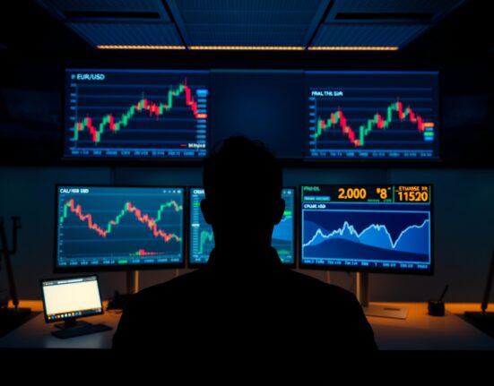 Trading desk monitors showing EUR/USD chart and oil price ticker in dimly lit financial trading floor