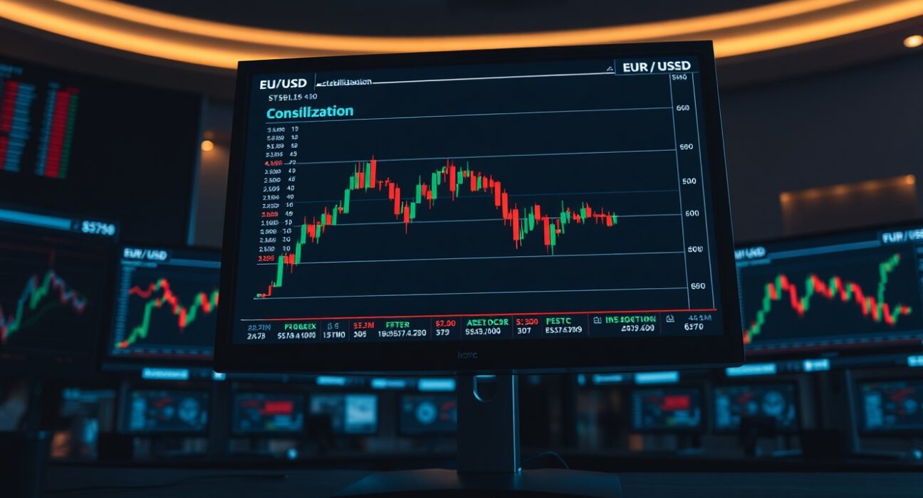 EUR/USD consolidation chart on a trading desk monitor after a sharp decline