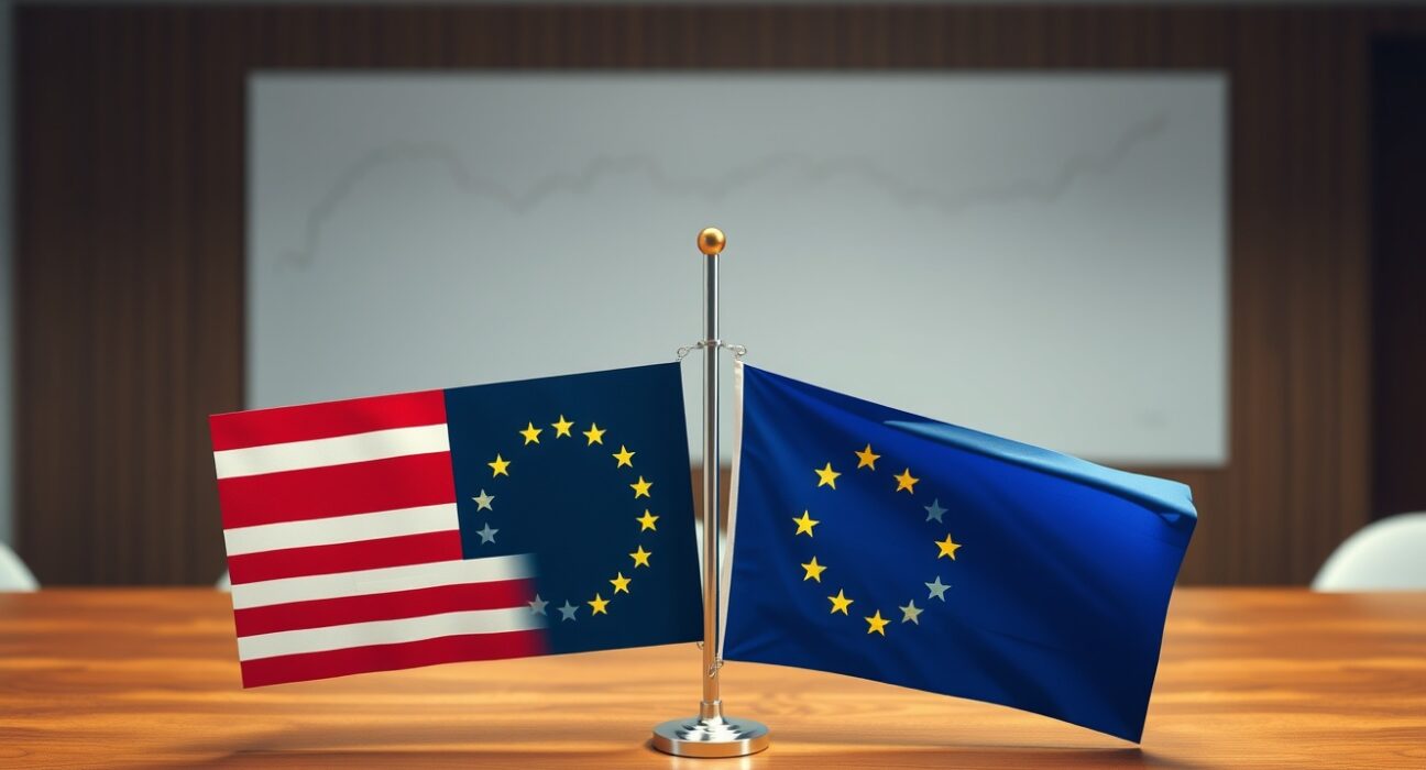 EU and US flags with financial chart in background, representing EUR/USD forex analysis