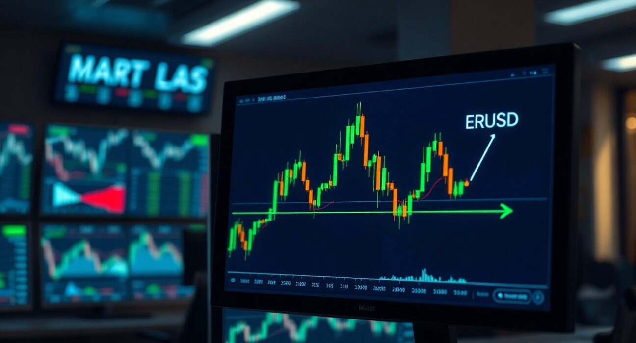 EUR/USD candlestick chart showing a key support zone on a trading screen in a professional office.