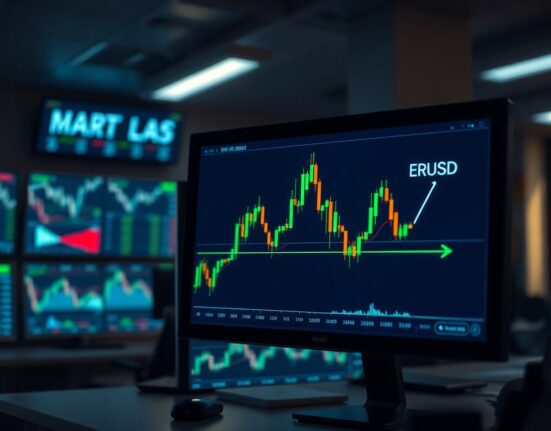 EUR/USD candlestick chart showing a key support zone on a trading screen in a professional office.