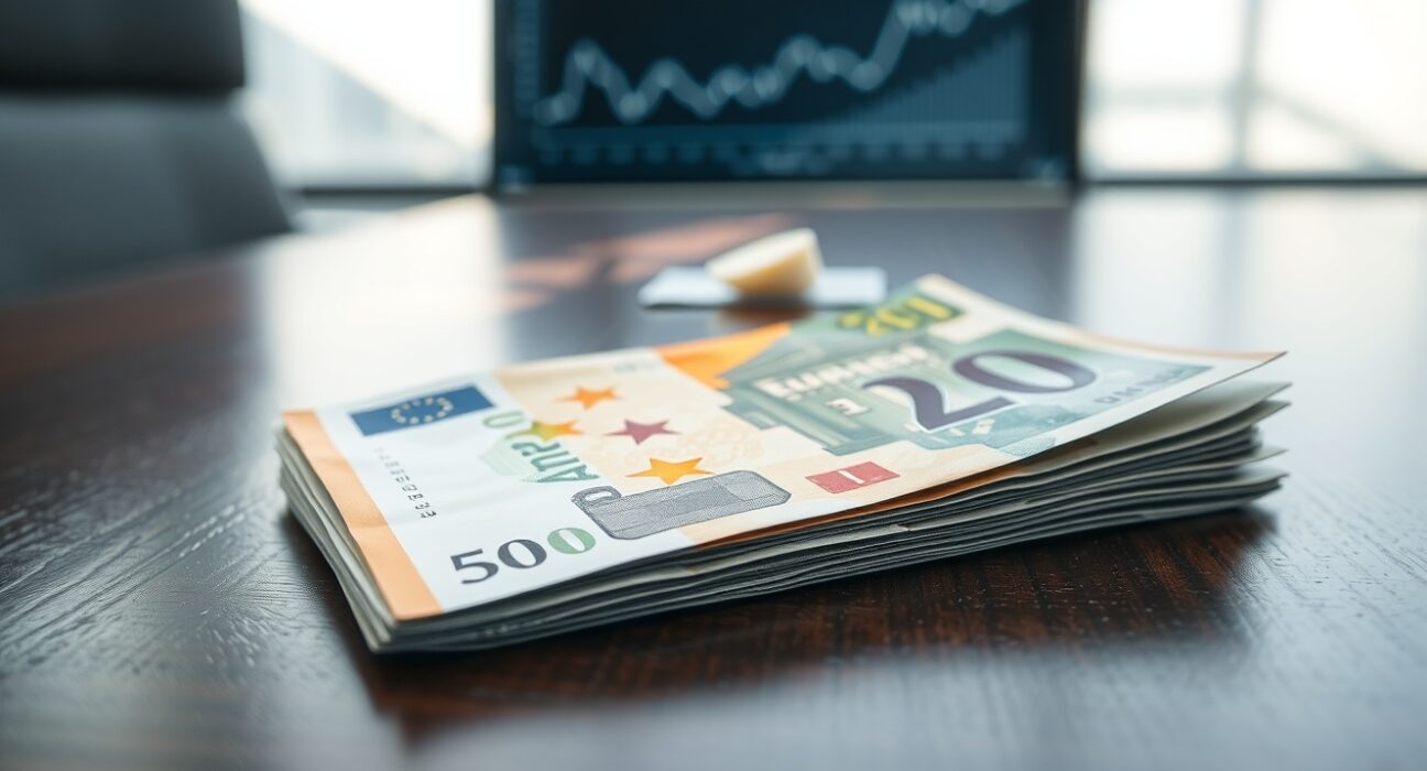 Analysis of Euro currency stagnation on desk with financial chart in background.