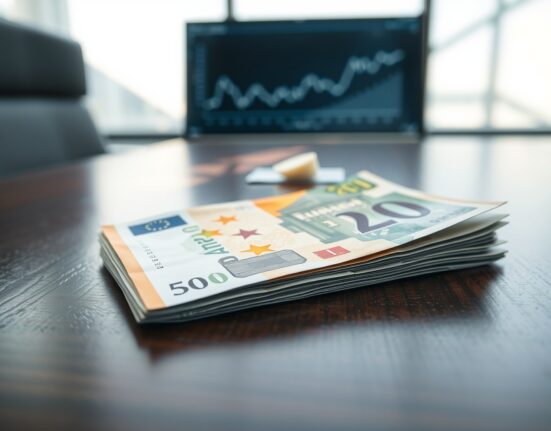 Analysis of Euro currency stagnation on desk with financial chart in background.