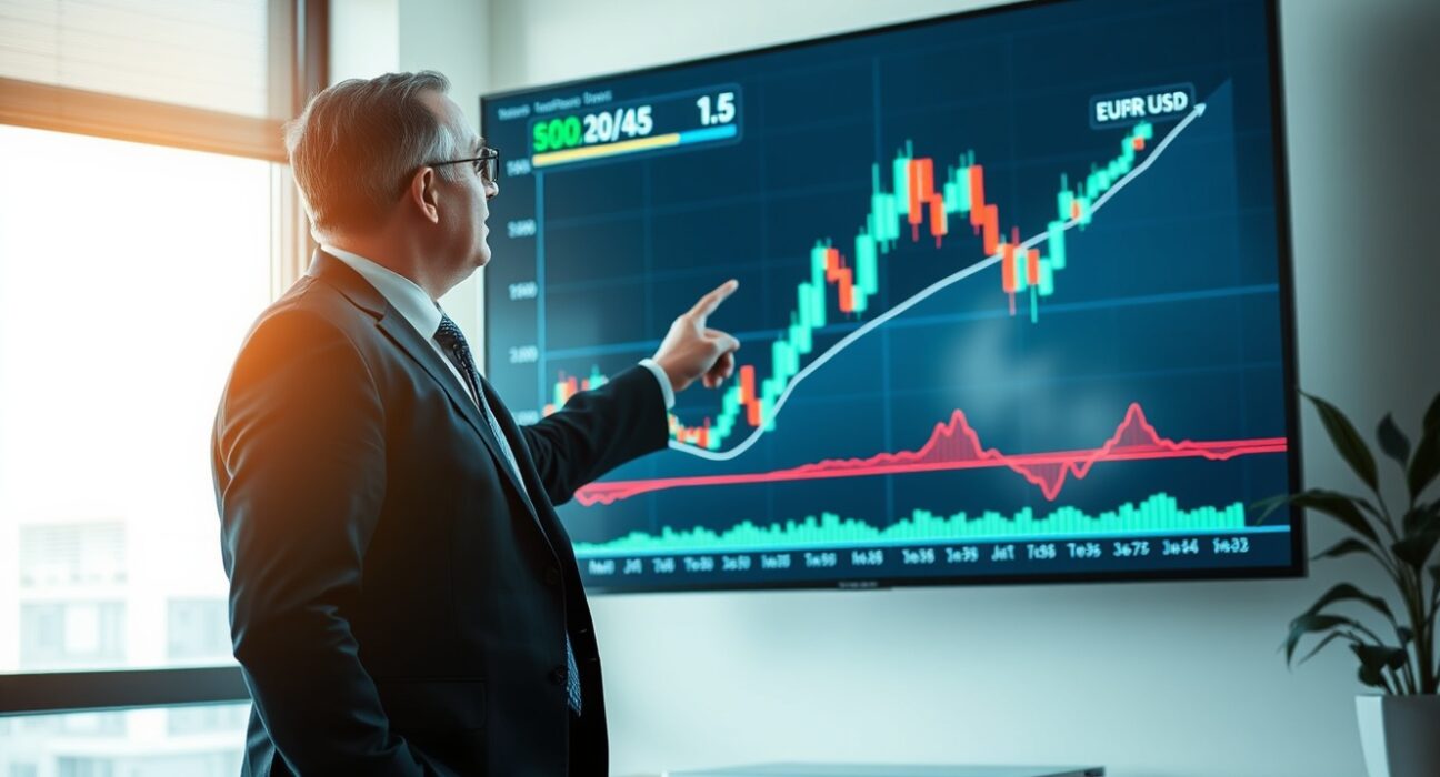 Financial analyst pointing at EUR/USD chart on digital screen in modern office