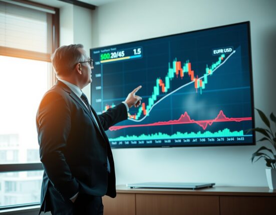 Financial analyst pointing at EUR/USD chart on digital screen in modern office