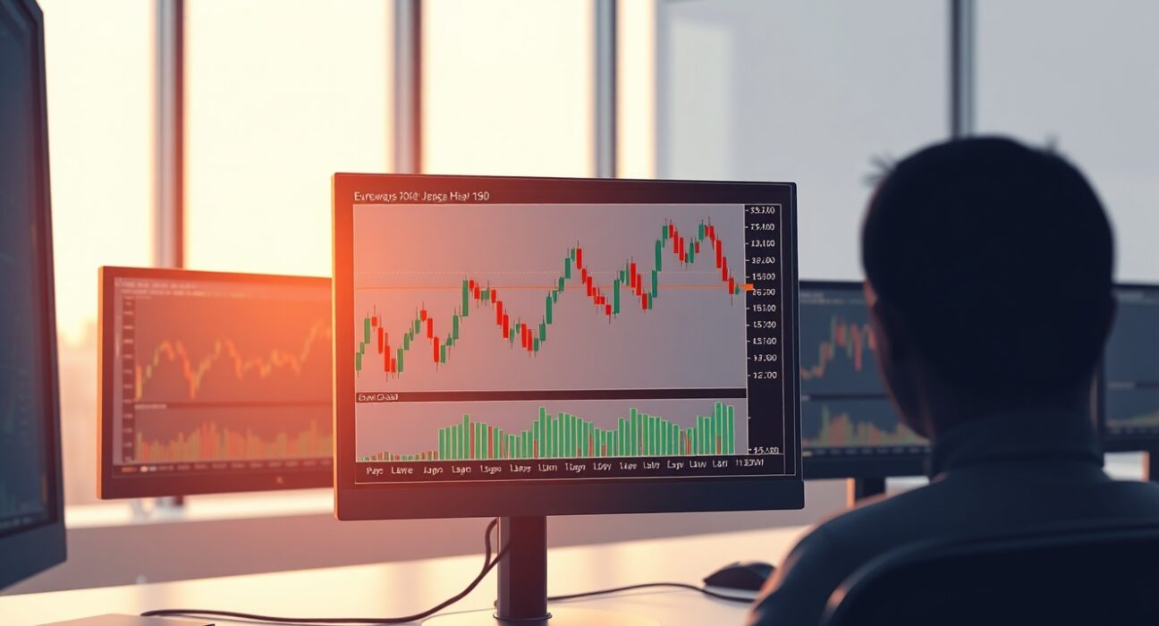 EUR/USD currency chart showing range-bound trading pattern on a monitor in a financial trading office.
