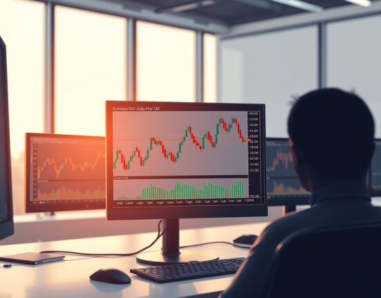 EUR/USD currency chart showing range-bound trading pattern on a monitor in a financial trading office.