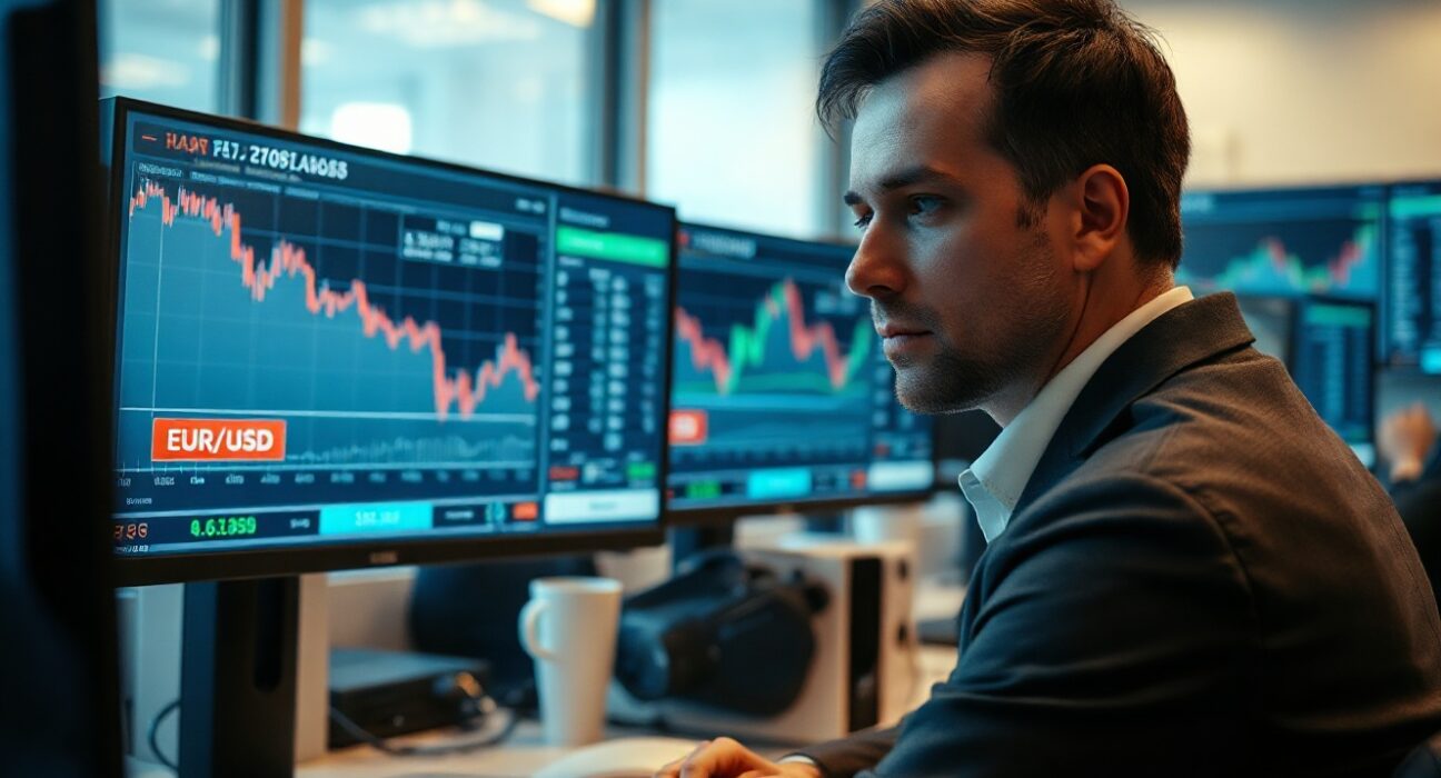 Financial trader monitors falling EUR/USD exchange rate charts on multiple screens in a modern trading floor.