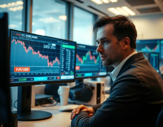 Financial trader monitors falling EUR/USD exchange rate charts on multiple screens in a modern trading floor.