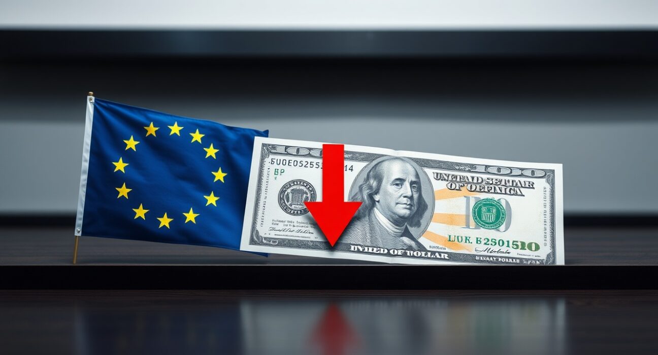 Euro and US dollar banknotes with a downward arrow indicating bearish trend