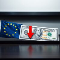 Euro and US dollar banknotes with a downward arrow indicating bearish trend