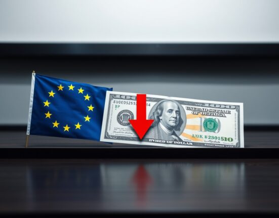 Euro and US dollar banknotes with a downward arrow indicating bearish trend