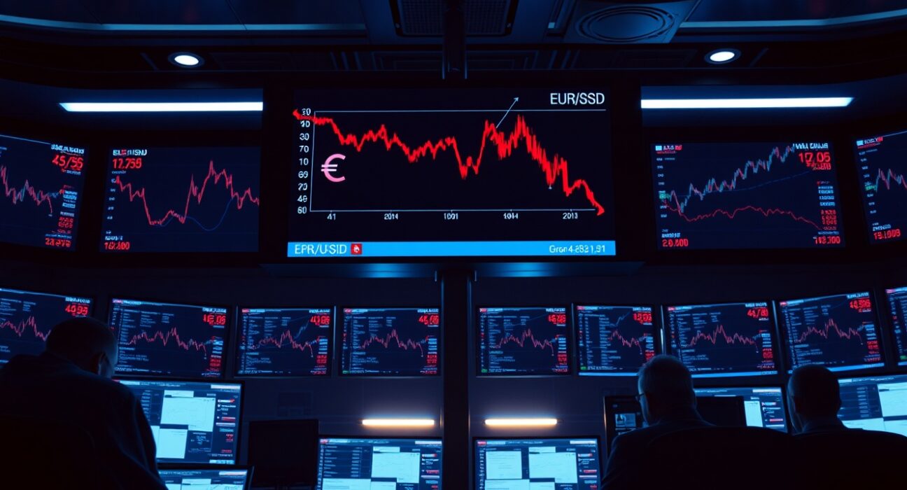 EUR/USD exchange rate chart showing decline on trading monitors amid geopolitical tensions