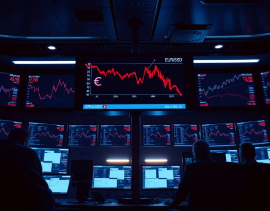 EUR/USD exchange rate chart showing decline on trading monitors amid geopolitical tensions