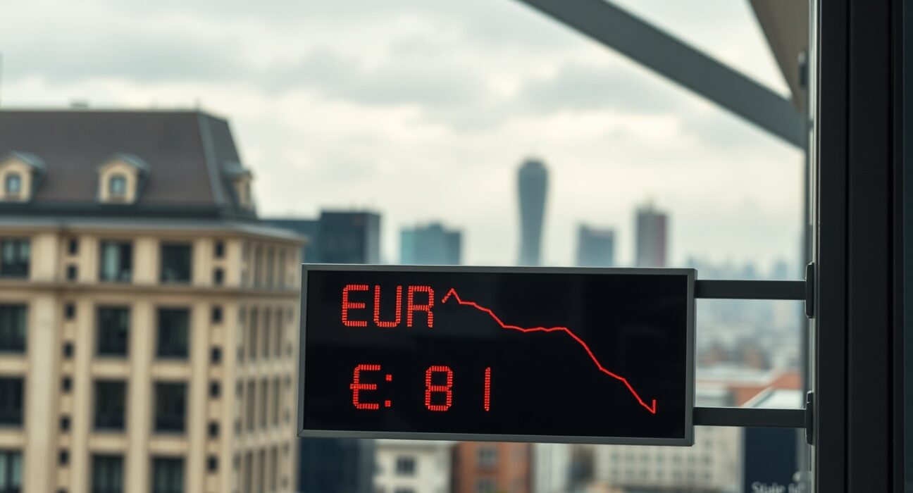 Currency exchange board showing EUR/JPY rate decline with German skyline background