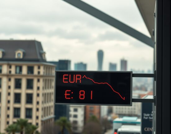 Currency exchange board showing EUR/JPY rate decline with German skyline background