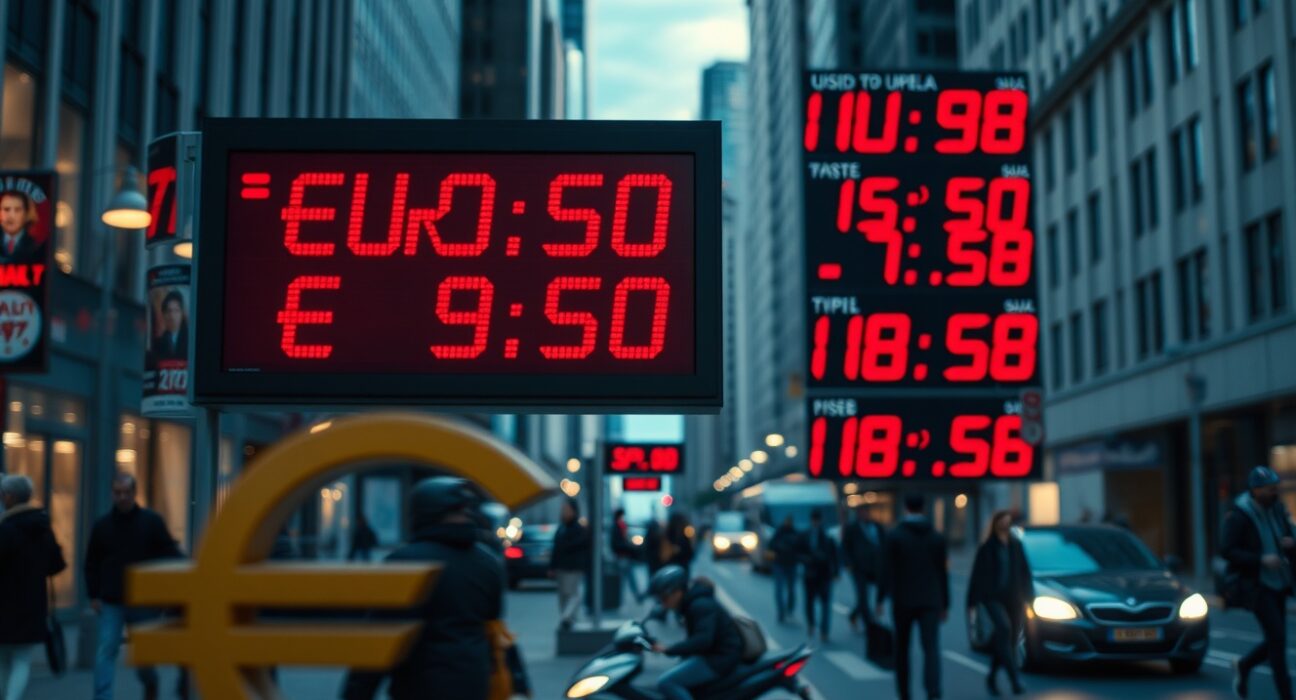 Currency exchange board showing EUR/USD rates in decline in a financial district at dusk