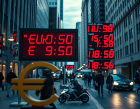 Currency exchange board showing EUR/USD rates in decline in a financial district at dusk