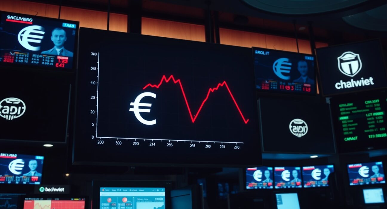 Digital trading board showing declining EUR/USD exchange rate chart in a dimly lit foreign exchange trading room.