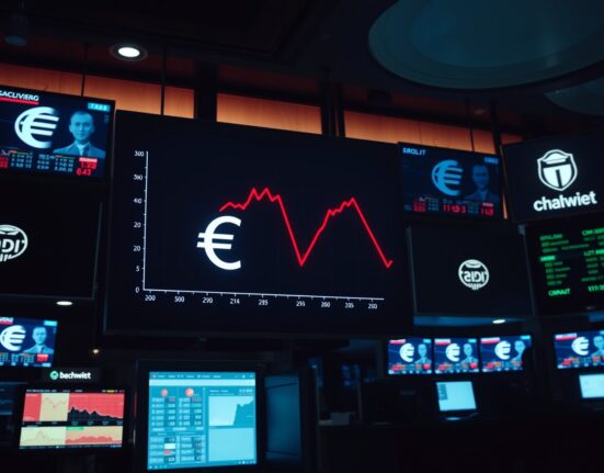 Digital trading board showing declining EUR/USD exchange rate chart in a dimly lit foreign exchange trading room.