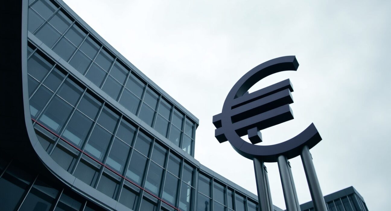European Central Bank building in Frankfurt with euro symbol under overcast sky