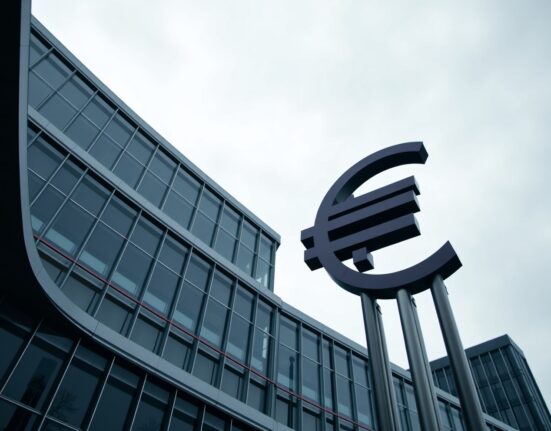 European Central Bank building in Frankfurt with euro symbol under overcast sky