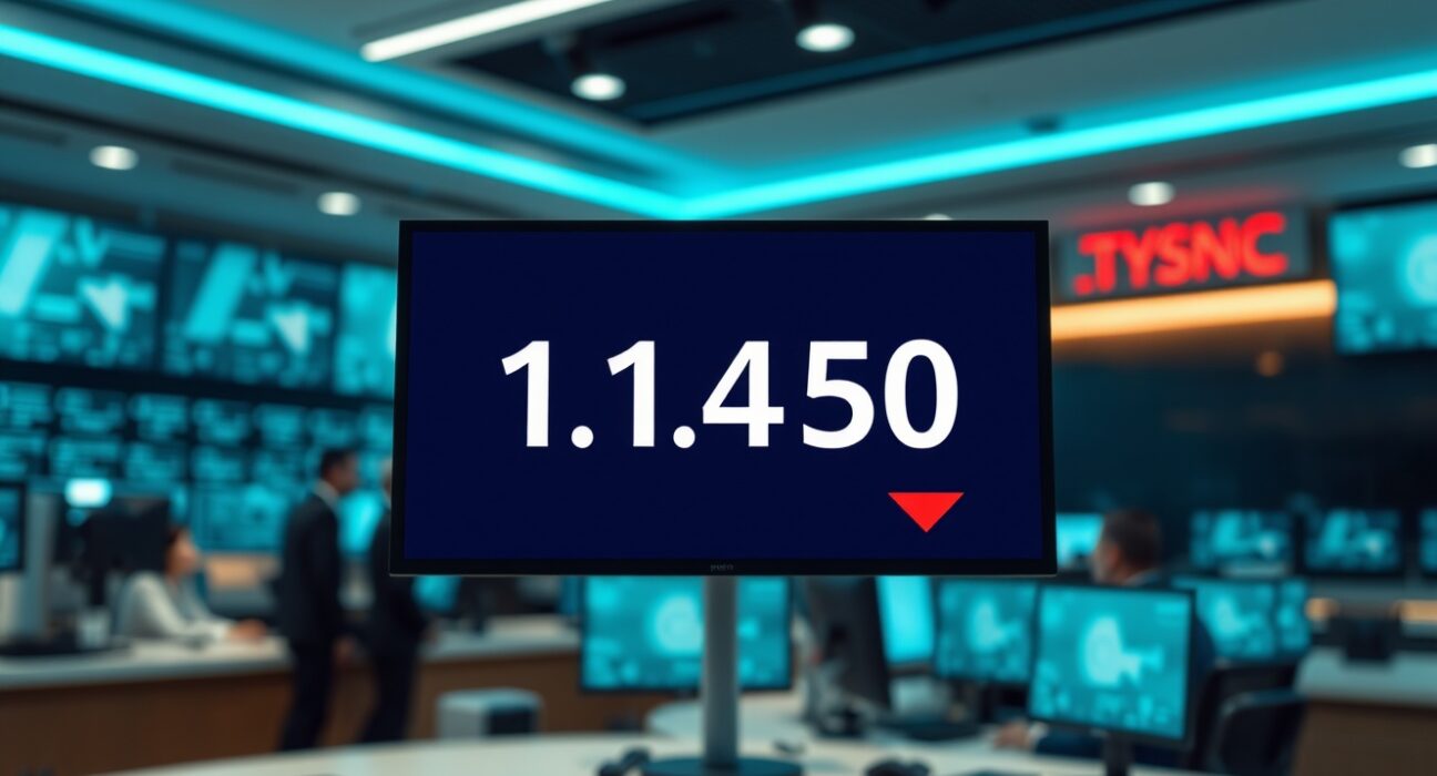 EUR/USD trading screen showing decline near 1.1450 amid geopolitical uncertainty.
