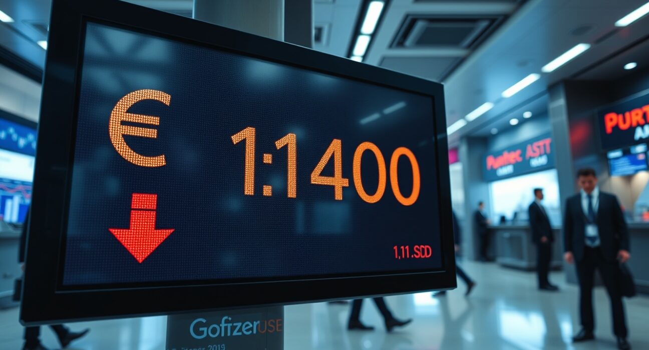 Foreign exchange board showing EUR/USD rate near 1.1400 with downward trend