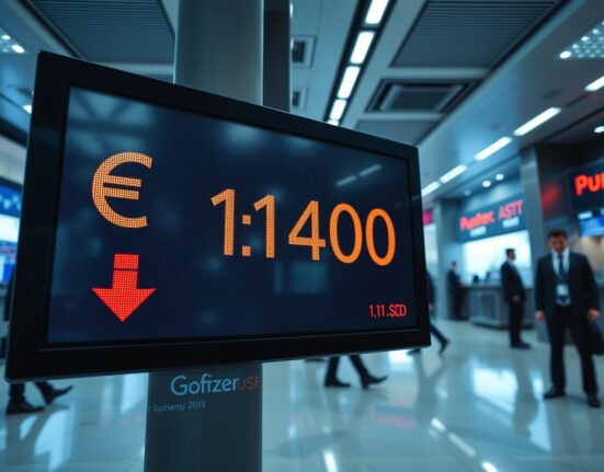 Foreign exchange board showing EUR/USD rate near 1.1400 with downward trend