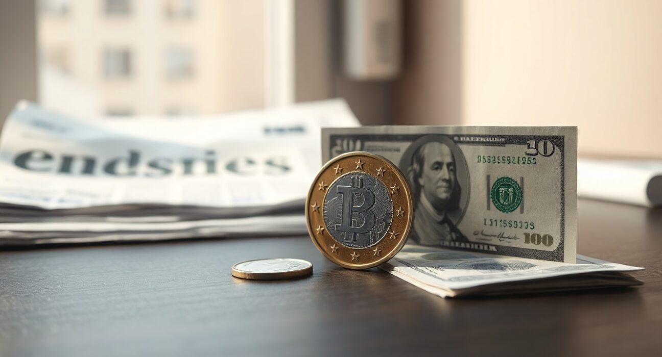 Euro coin and US dollar bill on a desk representing currency exchange rate analysis.