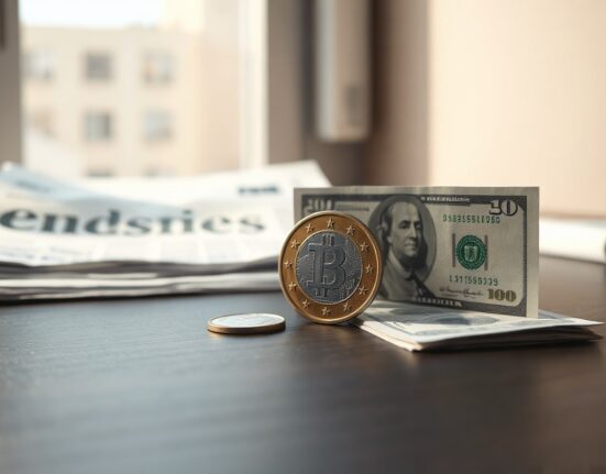 Euro coin and US dollar bill on a desk representing currency exchange rate analysis.