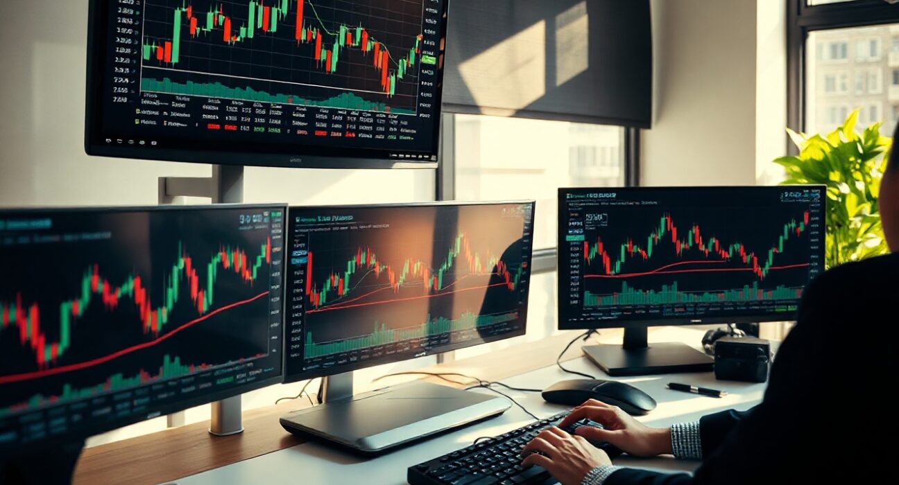 Trading screens showing EUR/USD chart ahead of US jobs report